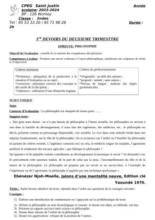 Première page de Philosophie 2nde A2, 2nde B, 2nde C, 2nde D — 1er devoir surveillé (2023-2024) · CPEG SAINT Justin