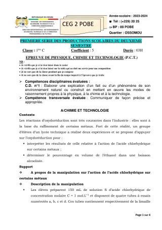 Première page de PCT 1ère C — 1re production scolaire, 2e semestre (2023-2024) · CEG 2 Pobè