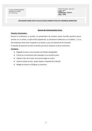 Première page de Français 6e, 5e, 4e, 3e, 3e ML, 2nde A2, 2nde B, 2nde C, 2nde D, 1ère A2, 1ère B, 1ère C, 1ère D, Tle A2, Tle B, Tle C, Tle D — 2e évaluation sommative, 1er semestre (2020-2021) · CEG Tankpè