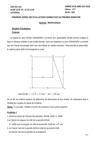 Première page de Mathématiques 3e, 3e ML — 1re évaluation sommative, 1er semestre (2020-2021) · CEG du Lac