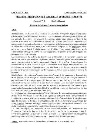 Première page de Français 2nde B — 1er devoir surveillé, 1er semestre (2021-2022) · CEG LE NOKOUE