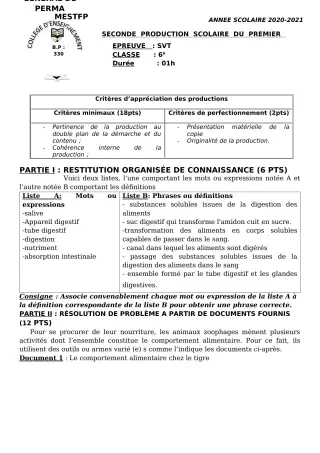 Première page de SVT 6e, 5e, 4e, 3e, 3e ML, 2nde A, 2nde D, 1ère A, 1ère D, Tle A, Tle D — 2e production scolaire, 1er semestre (2020-2021) · CEG Perma