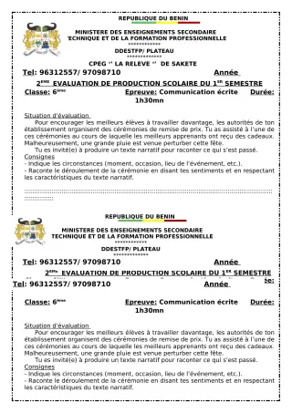 Première page de Français 6e — Production scolaire, 1er semestre (2023-2024) · CPEG LA RELEVE