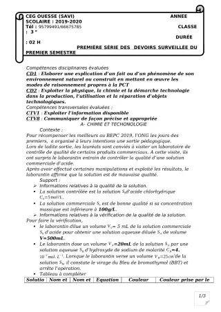 Première page de PCT 3e — 1er devoir surveillé, 1er semestre (2019-2020) · Ceg OUESSE