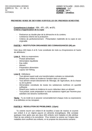 Première page de SVT 6e — 1er devoir surveillé, 1er semestre (2020-2021) · CEG Kouhounou-Vêdoko
