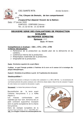 Première page de SVT 1ère D — Production scolaire, 1er semestre (2019-2020) · CEG Sainte Rita