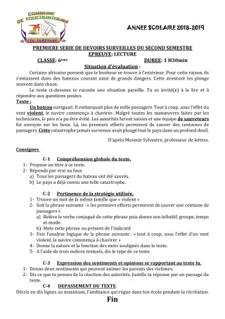Première page de Français 6e, 5e, 4e, 4e ML, 3e, 3e ML — 1er devoir surveillé, 2e semestre (2018-2019) · CEG TAMPÈGRÉ