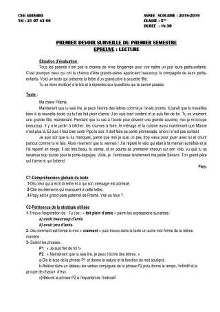 Première page de Français 5e — 1er devoir surveillé, 1er semestre (2018-2019) · CEG ADJAGBO
