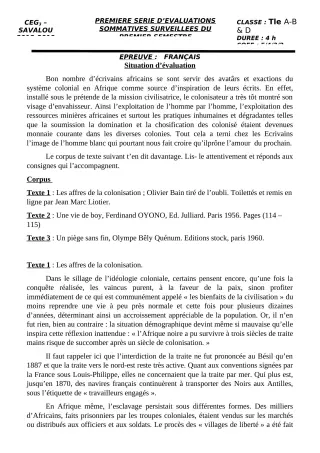 Première page de Français Tle A & B, Tle D — Évaluation sommative, 1er semestre (2018-2019) · CEG 3 SAVALOU