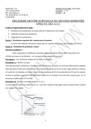 Première page de SVT 1ère D — 2e devoir surveillé, 2e semestre (2019-2020) · CEG FIYEGNON
