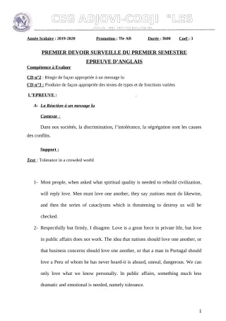 Première page de Anglais Tle B — 1er devoir surveillé, 1er semestre (2019-2020) · CEG ADJOVICODJI 'LES OLIVIERS'