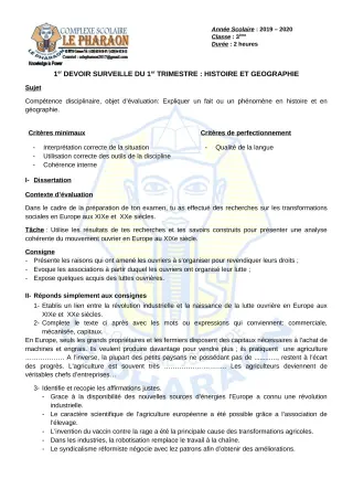 Première page de Histoire-Géographie 3e, 3e ML — 1er devoir surveillé, 1er trimestre (2019-2020) · CPEG LE PHARAON