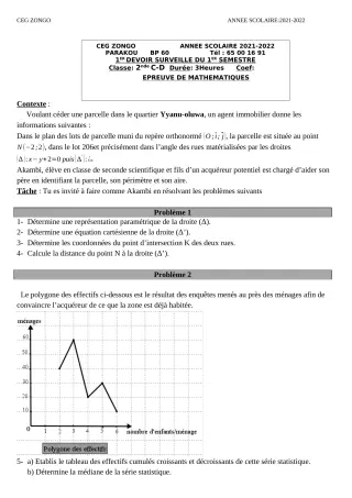 Première page de Mathématiques 2nde C, 2nde D — 1er devoir surveillé, 1er semestre (2021-2022) · CEG ZONGO