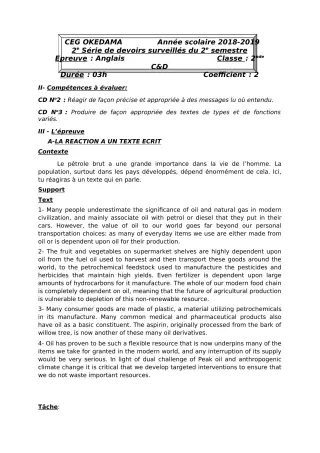 Première page de Anglais 2nde C, 2nde D — 2e devoir surveillé, 2e semestre (2018-2019) · CEG OKEDAMA