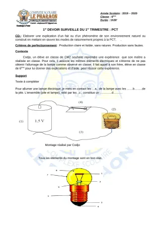 Première page de PCT 6e — 1er devoir surveillé, 1er trimestre (2019-2020) · CPEG LE PHARAON