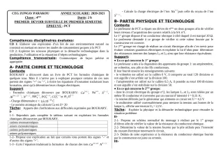 Première page de PCT 4e — 1er devoir surveillé, 1er semestre (2020-2021) · CEG ZONGO