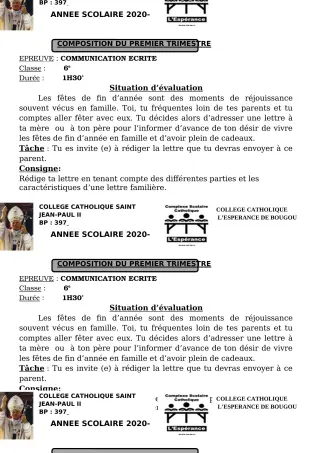 Première page de Français 6e, 5e, 4e, 4e ML, 3e, 2nde A1, 2nde A2, 2nde C, 2nde D, 1ère A1, 1ère A2, 1ère C, 1ère D, Tle A1, Tle A2, Tle C, Tle D — 1re composition, 1er trimestre (2020-2021) · CCJPII DJOUGOU