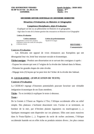Première page de Histoire-Géographie 3e, 3e ML — 2e devoir surveillé, 2e semestre (2020-2021) · CEG Kouhounou-Vêdoko