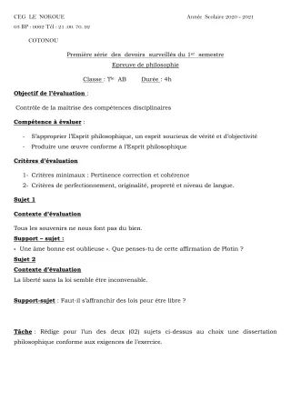Première page de Philosophie Tle A1, Tle A2, Tle B — 1er devoir surveillé, 1er semestre (2020-2021) · CEG LE NOKOUE