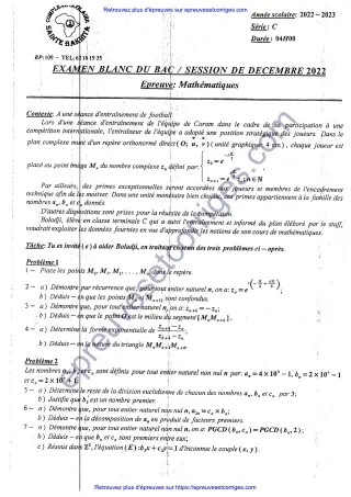 Première page de Bac 2026 – Mathématiques Série C, Bac blanc décembre 2025 (complexes, nombres premiers, géométrie vectorielle)