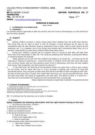 Première page de Anglais 3e, 3e ML — Devoir surveillé, 1er trimestre (2020-2021) · CPEG LICA