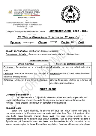 Première page de Philosophie 2nde D — 1re production scolaire, 1er semestre (2023-2024) · CEG GOHO