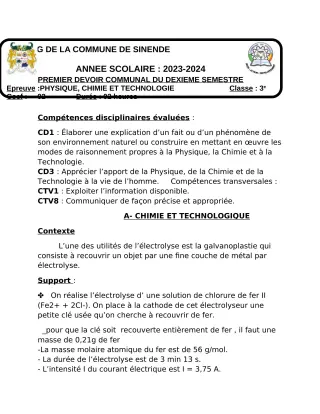 Première page de PCT 3e — 1er devoir surveillé (2023-2024) · CEG SEKERE