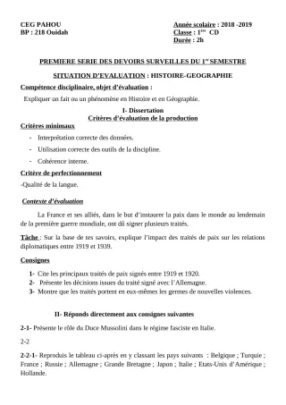 Première page de Histoire-Géographie 1ère C, 1ère D — 1er devoir surveillé, 1er semestre (2018-2019) · CEG PAHOU