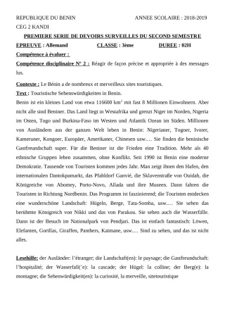 Première page de Allemand 3e ML — 1er devoir surveillé (2018-2019) · CEG 2 KANDI