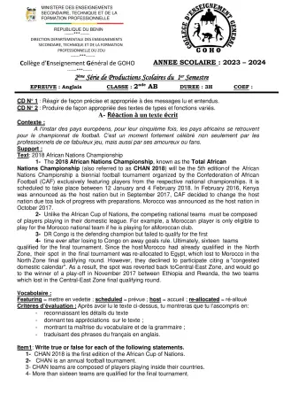 Première page de Anglais 2nde A & B — 2e production scolaire, 1er semestre (2023-2024) · CEG GOHO