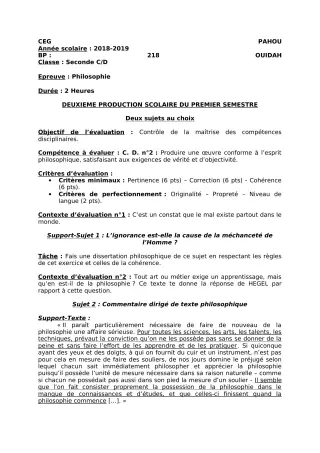 Première page de Philosophie 2nde C, 2nde D — 2e production scolaire, 1er semestre (2018-2019) · CEG PAHOU