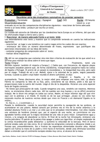 Première page de Espagnol Tle A2 — 2e évaluation sommative, 1er semestre (2017-2018) · CEG C.P de Dompago