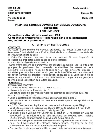 Première page de PCT Tle C — 1er devoir surveillé, 2e semestre (2018-2019) · CEG du Lac