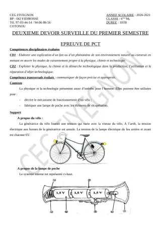 Première page de PCT 6e — 2e devoir surveillé, 1er semestre (2020-2021) · CEG FIYEGNON