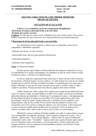Première page de Espagnol 4e ML, 1ère B — 2021-2022 · CEPG La Prunelle de Dieu