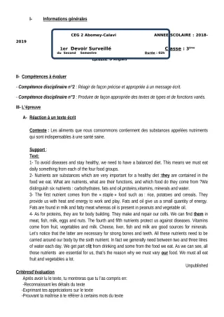 Première page de Anglais 3e, 3e ML — 1er devoir surveillé, 2e semestre (2018-2019) · CEG2 ABOMEY - CALAVI (CEG ZOCA)