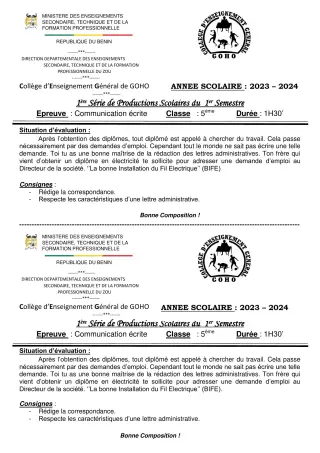 Première page de Français 5e — 1re production scolaire, 1er semestre (2023-2024) · CEG GOHO