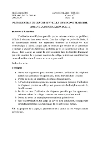 Première page de Français 4e, 4e ML — 1er devoir surveillé, 2e semestre (2022-2023) · CEG LE NOKOUE