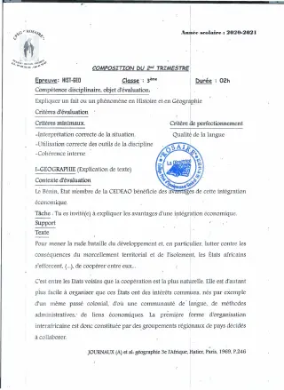 Première page de Histoire-Géographie 3e, 3e ML — 1re composition, 2e trimestre (2020-2021) · CPEG ROSAIRE