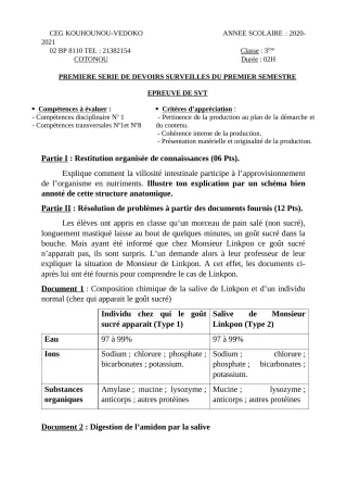 Première page de SVT 3e, 3e ML — 1er devoir surveillé, 1er semestre (2020-2021) · CEG Kouhounou-Vêdoko