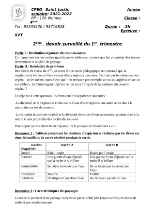 Première page de SVT 4e, 3e, 3e ML — Devoir surveillé, 1er trimestre (2021-2022) · CPEG SAINT Justin