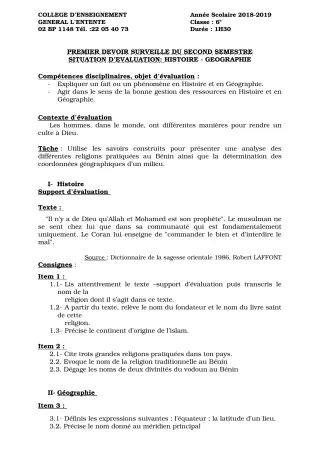 Première page de Histoire-Géographie 6e — 1er devoir surveillé, 2e semestre (2018-2019) · CEG L'Entente