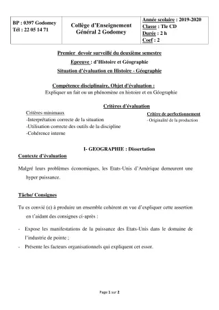 Première page de Histoire-Géographie Tle C, Tle D — 1er devoir surveillé, 2e semestre (2019-2020) · CEG2 Godomey