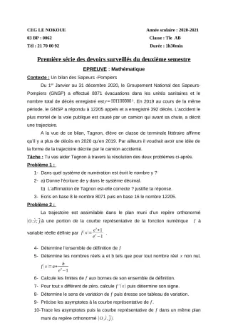 Première page de Mathématiques Tle A1, Tle A2, Tle B — 1er devoir surveillé, 2e semestre (2020-2021) · CEG LE NOKOUE