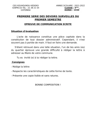 Première page de Français 5e — 1er devoir surveillé, 1er semestre (2021-2022) · CEG Kouhounou-Vêdoko