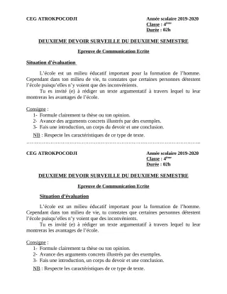 Première page de Français 4e — 2e devoir surveillé, 2e semestre (2019-2020) · CEG ATROKPOCODJI