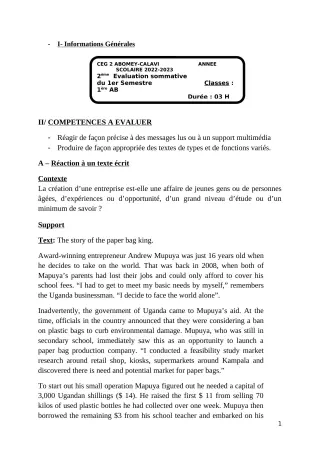 Première page de Anglais 1ère A & B — 2e évaluation sommative, 1er semestre (2022-2023) · CEG2 ABOMEY - CALAVI (CEG ZOCA)