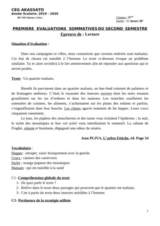 Première page de Français 6e — 1re évaluation sommative, 2e semestre (2019-2020) · CEG Akassato