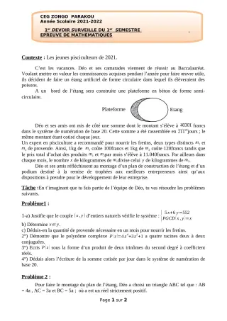 Première page de Mathématiques Tle C — 1er devoir surveillé, 1er semestre (2021-2022) · CEG ZONGO