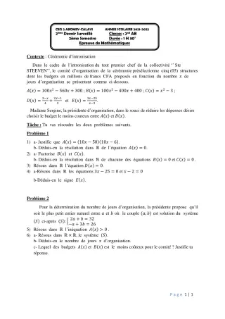 Première page de Mathématiques 2nde A & B — 2e devoir surveillé, 2e semestre (2021-2022) · CEG2 ABOMEY - CALAVI (CEG ZOCA)